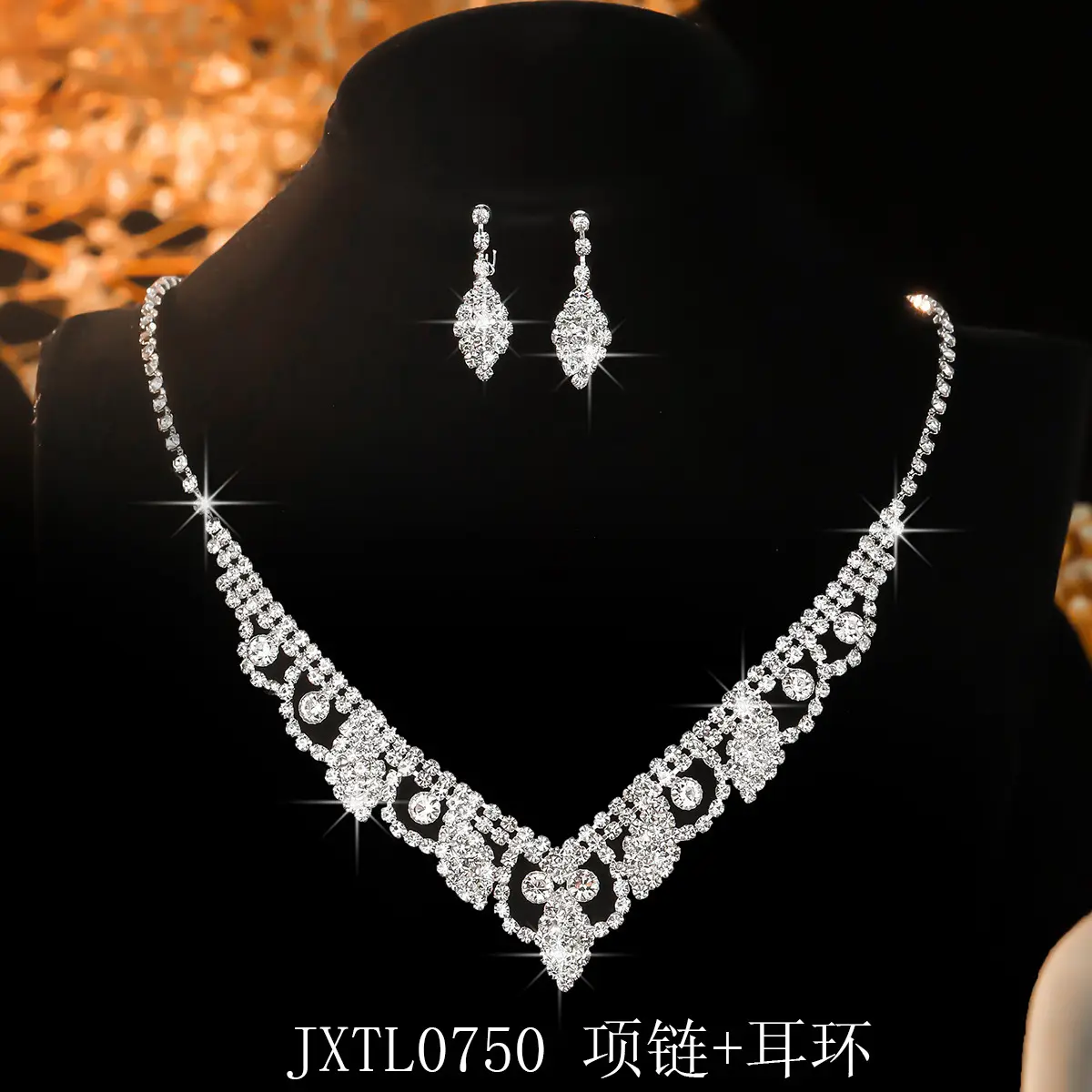 Full Diamond Rhinestone Necklace Earrings Set for Women - Image 3