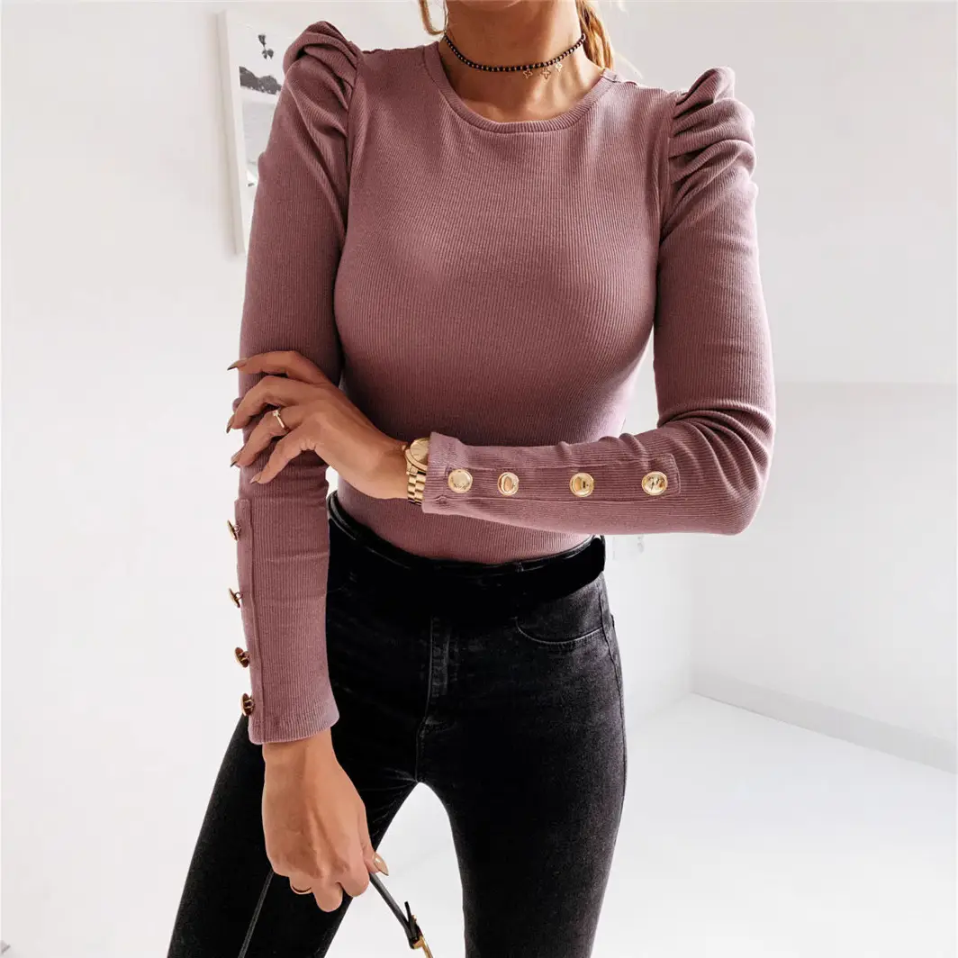 2024 Puff Sleeve Button Top for Women Beige - Image 5