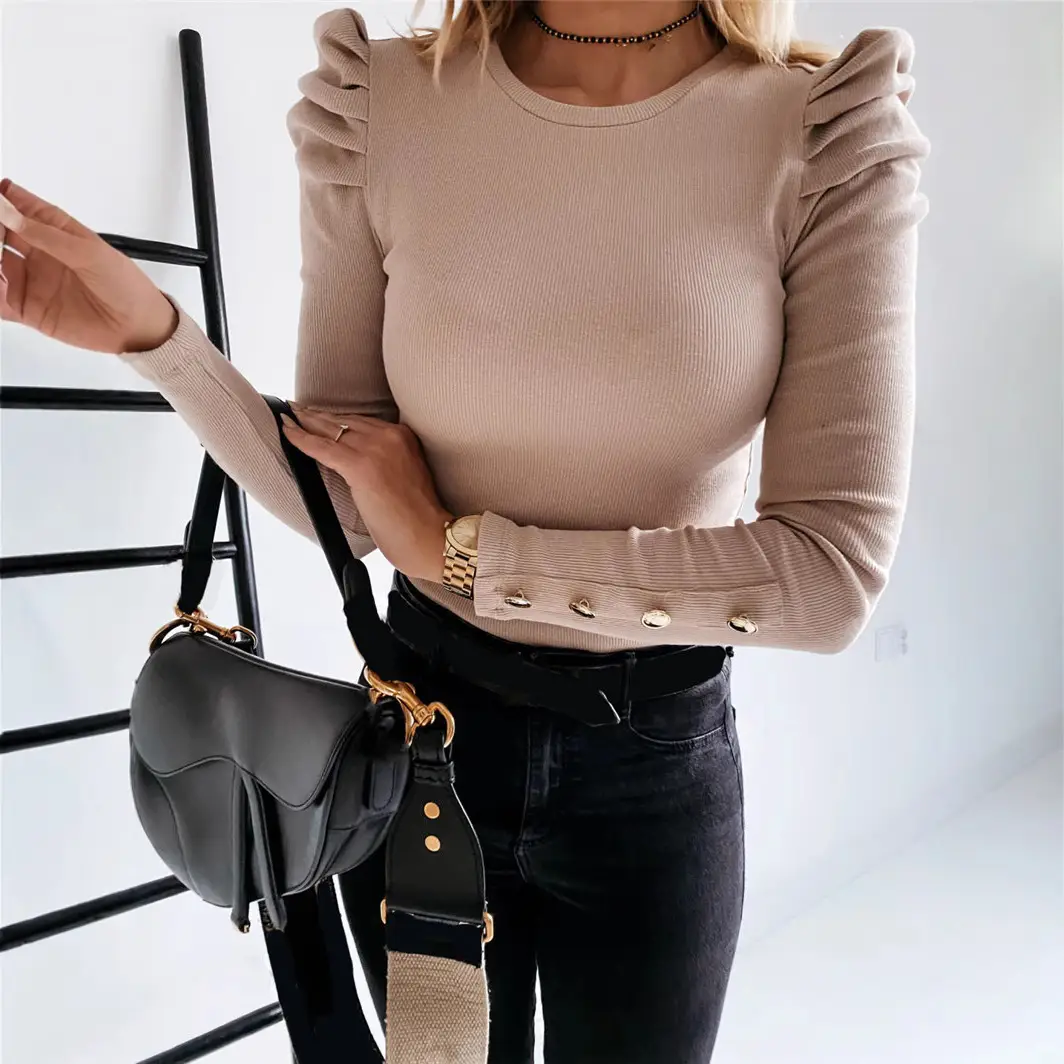 2024 Puff Sleeve Button Top for Women Beige - Image 6