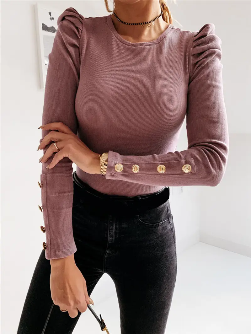 2024 Puff Sleeve Button Top for Women Beige - Image 2