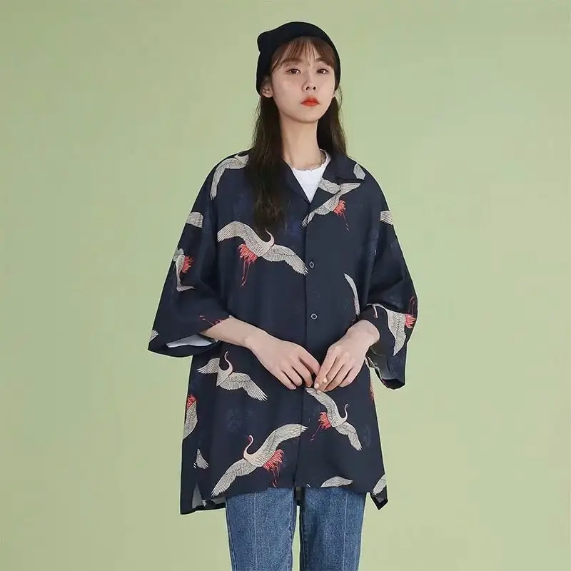Women Crane Print Short Sleeve Shirt Turquoise Loose Casual