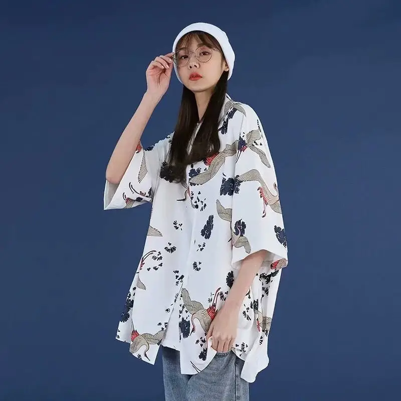 Women Crane Print Short Sleeve Shirt Turquoise Loose Casual