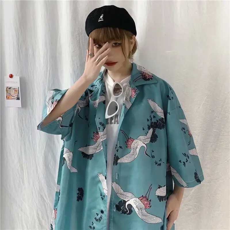 Women Crane Print Short Sleeve Shirt Turquoise Loose Casual