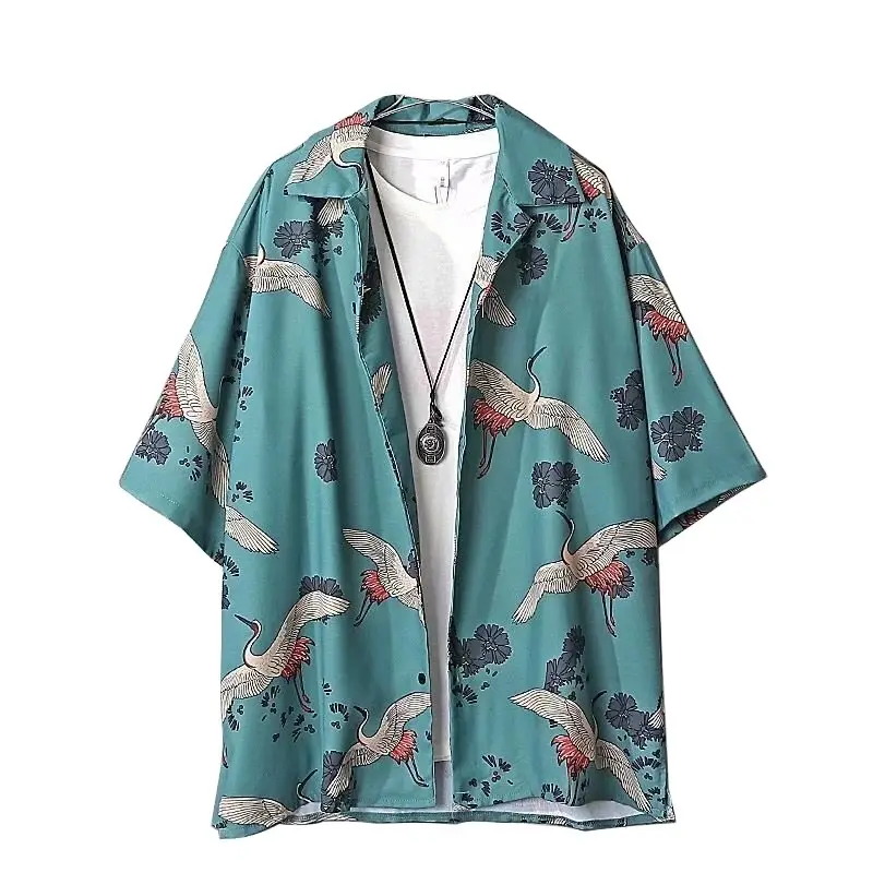 Women Crane Print Short Sleeve Shirt Turquoise Loose Casual