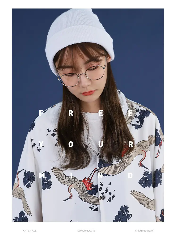 Women Crane Print Short Sleeve Shirt Turquoise Loose Casual — feature 10