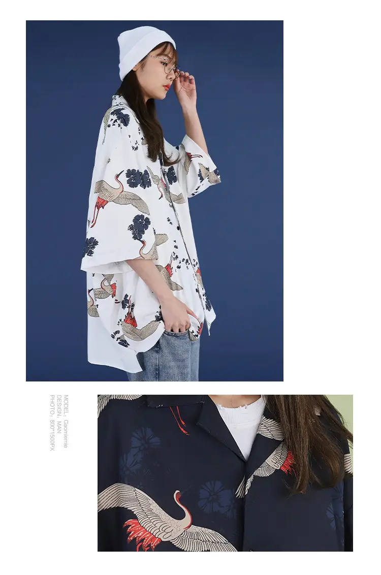 Women Crane Print Short Sleeve Shirt Turquoise Loose Casual — feature 11