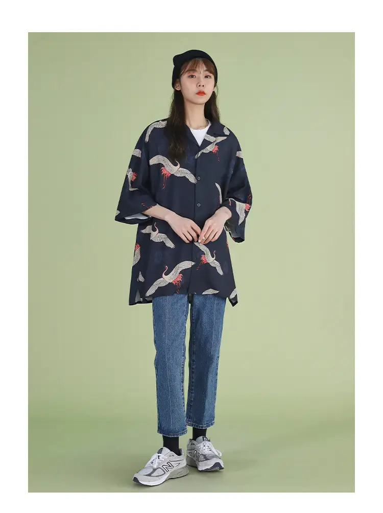 Women Crane Print Short Sleeve Shirt Turquoise Loose Casual — feature 13