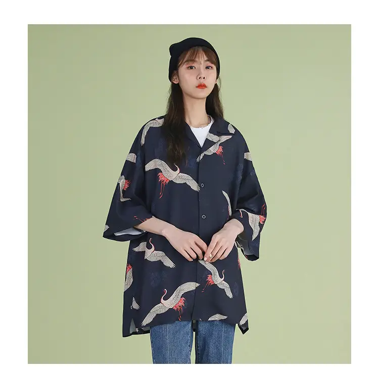 Women Crane Print Short Sleeve Shirt Turquoise Loose Casual — feature 15