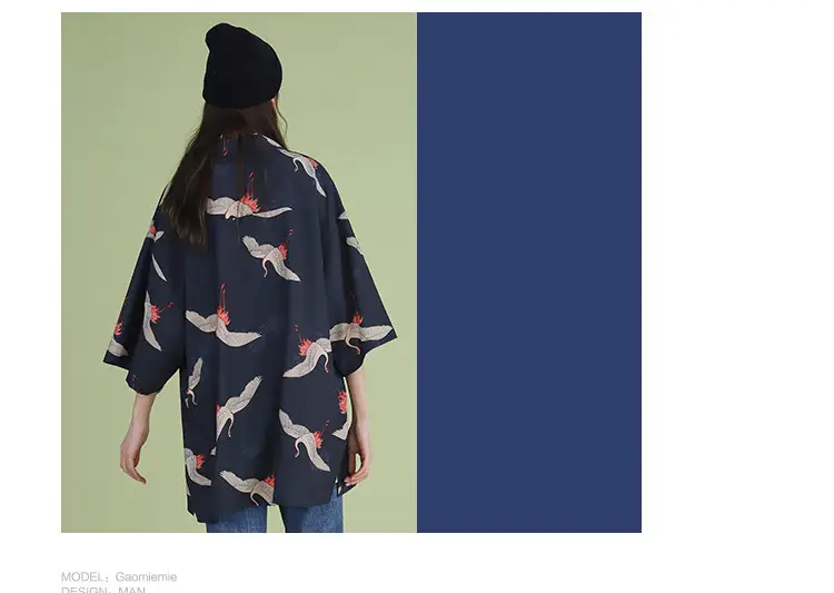 Women Crane Print Short Sleeve Shirt Turquoise Loose Casual — feature 16