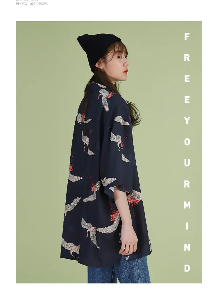 Women Crane Print Short Sleeve Shirt Turquoise Loose Casual — feature 17