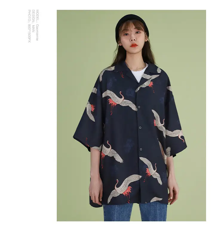 Women Crane Print Short Sleeve Shirt Turquoise Loose Casual — feature 18