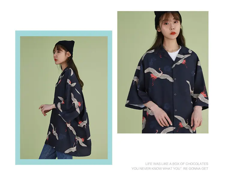 Women Crane Print Short Sleeve Shirt Turquoise Loose Casual — feature 19