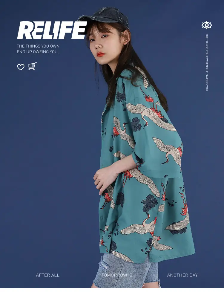 Women Crane Print Short Sleeve Shirt Turquoise Loose Casual — feature 2