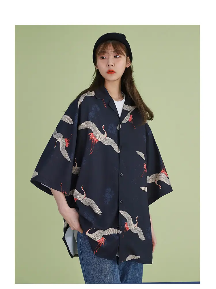 Women Crane Print Short Sleeve Shirt Turquoise Loose Casual — feature 20