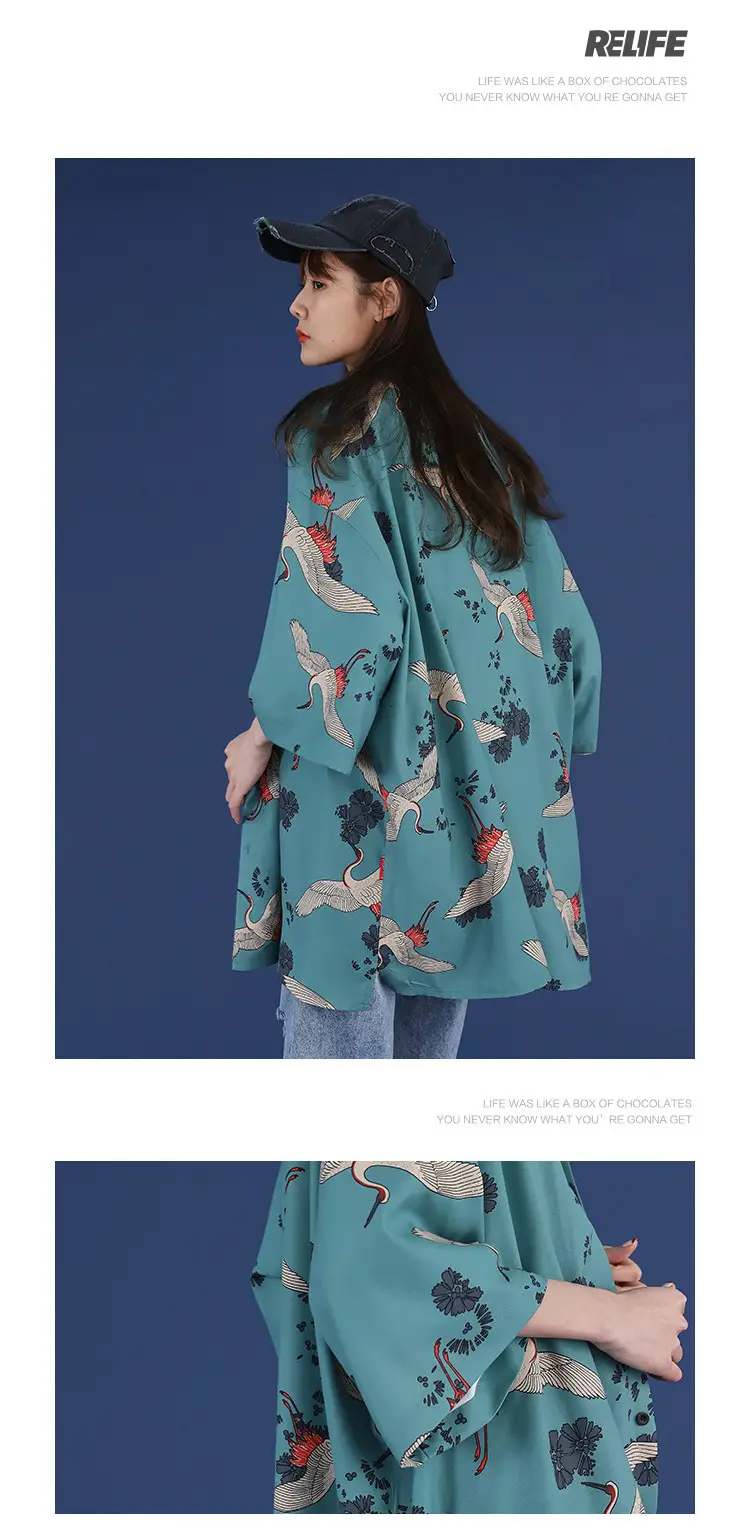 Women Crane Print Short Sleeve Shirt Turquoise Loose Casual — feature 3