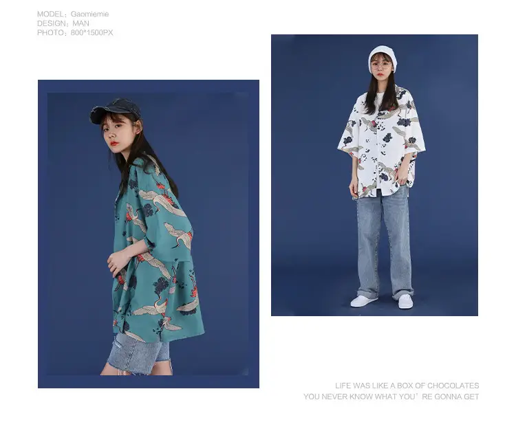 Women Crane Print Short Sleeve Shirt Turquoise Loose Casual — feature 4