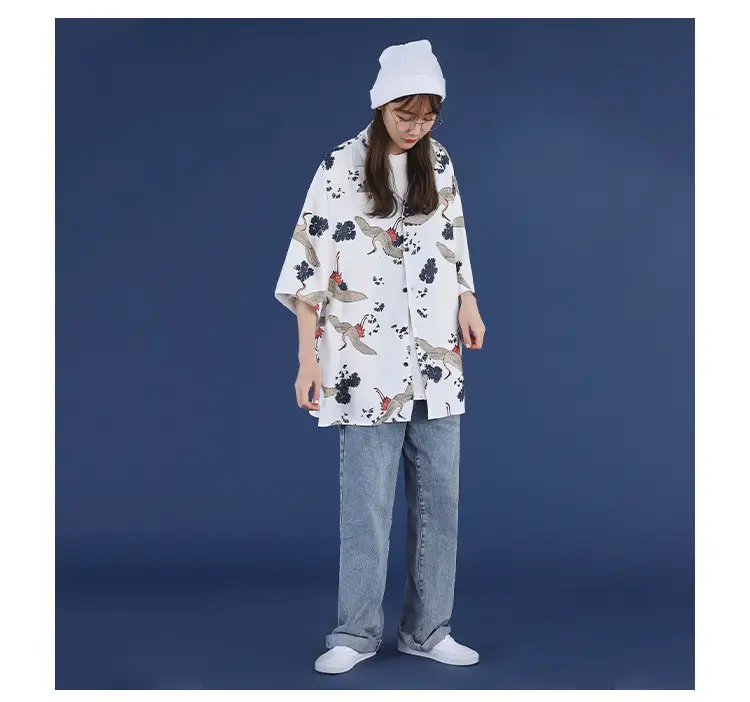Women Crane Print Short Sleeve Shirt Turquoise Loose Casual — feature 5