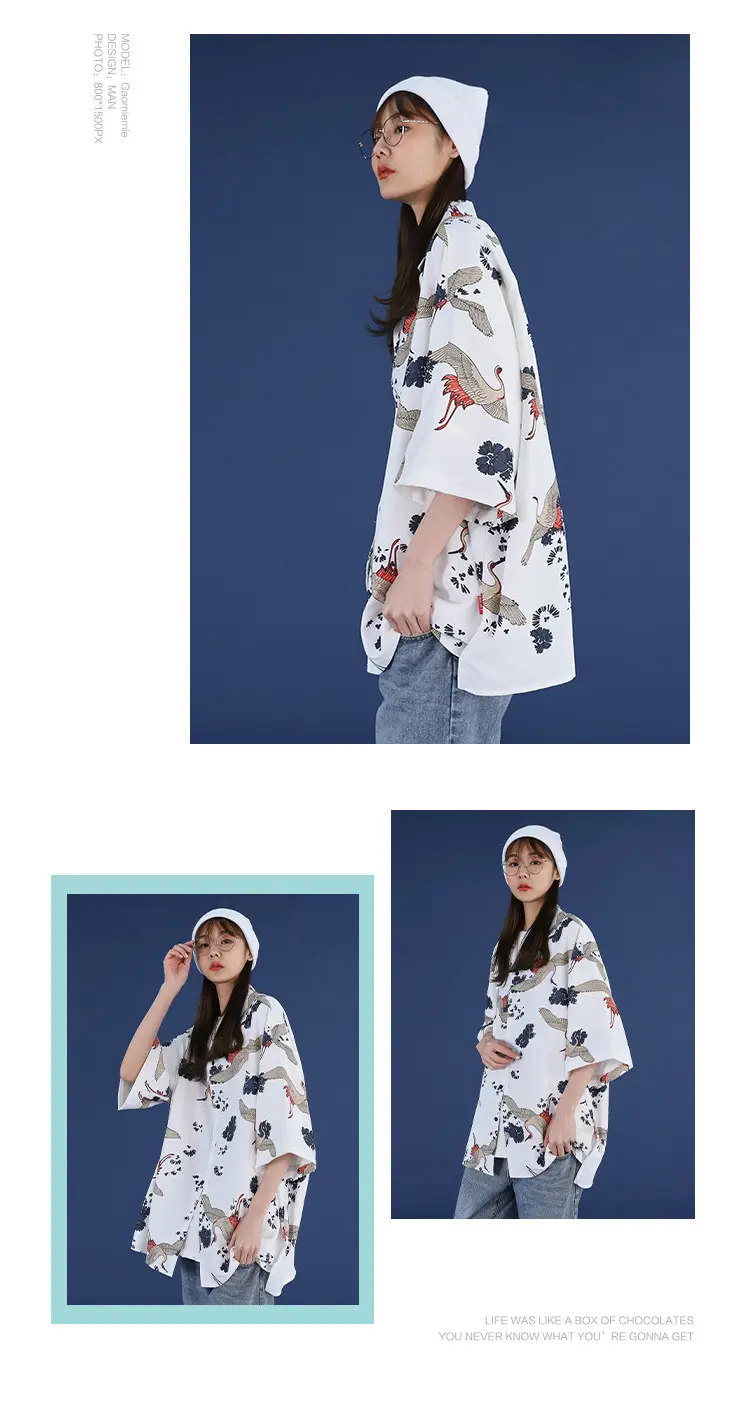 Women Crane Print Short Sleeve Shirt Turquoise Loose Casual — feature 8