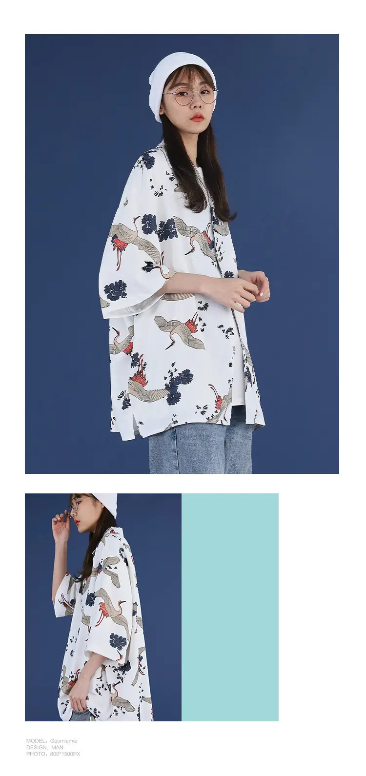 Women Crane Print Short Sleeve Shirt Turquoise Loose Casual — feature 9