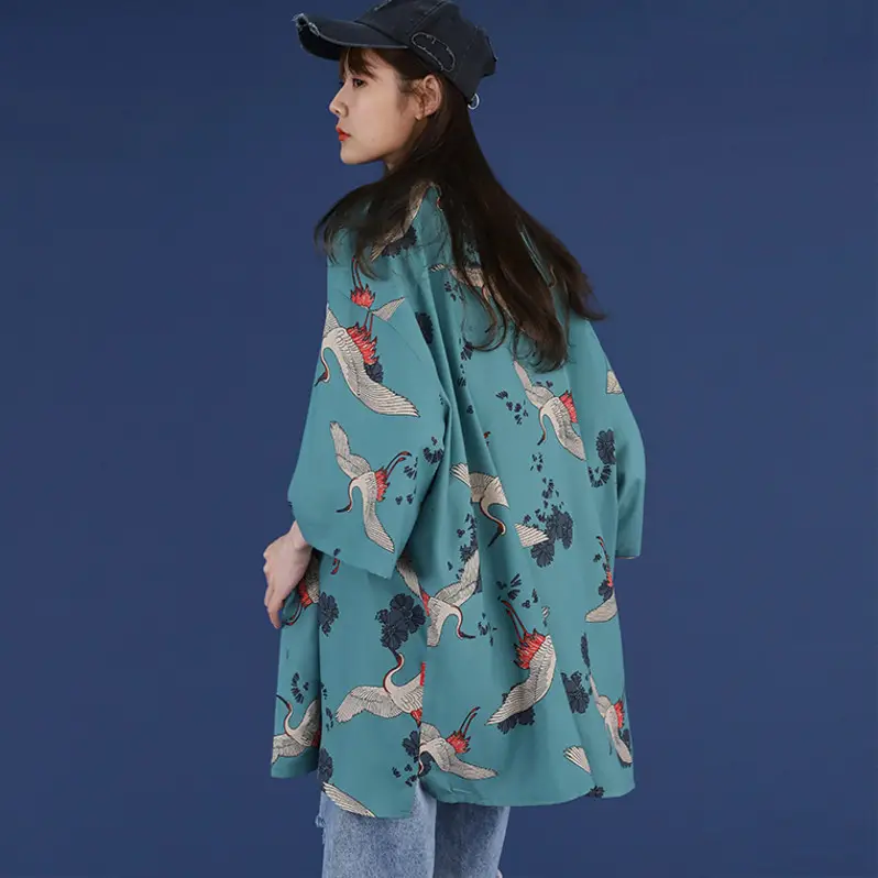 Women Crane Print Short Sleeve Shirt Turquoise Loose Casual