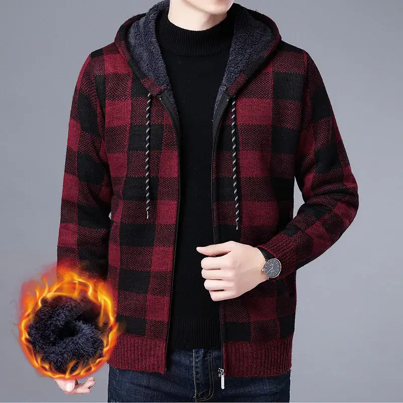 Men's Plaid Stuffed Hooded Winter Jacket Gray Black - Image 7