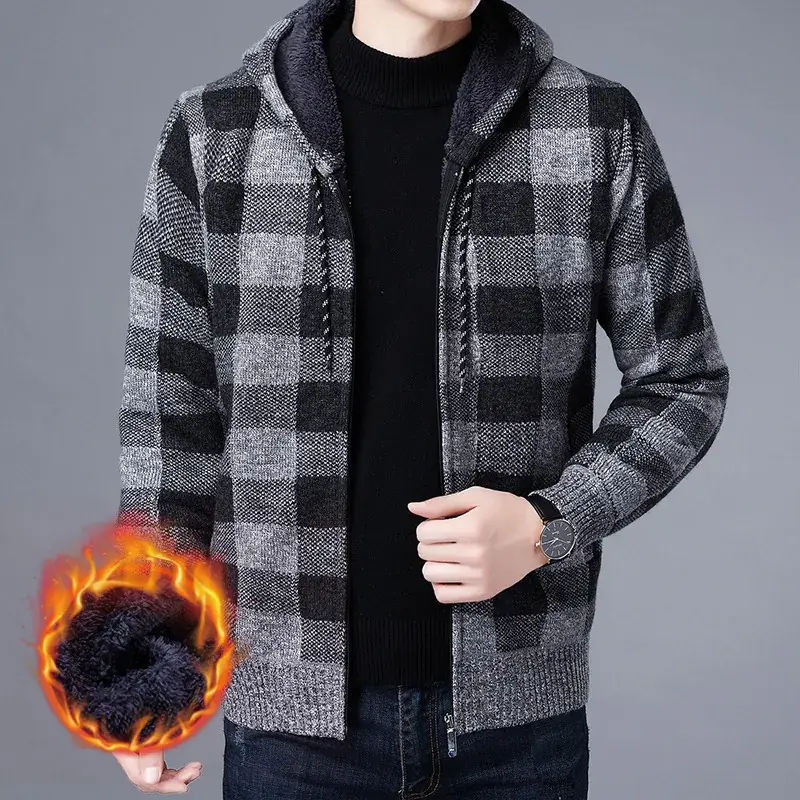Men's Plaid Stuffed Hooded Winter Jacket Gray Black - Image 8