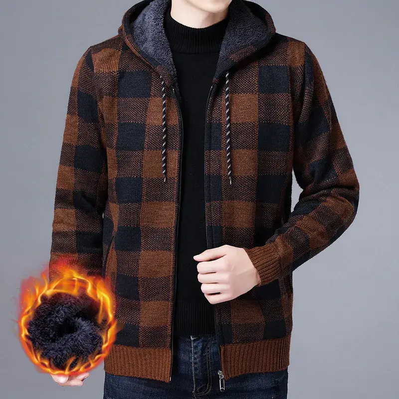 Men's Plaid Stuffed Hooded Winter Jacket Gray Black - Image 9