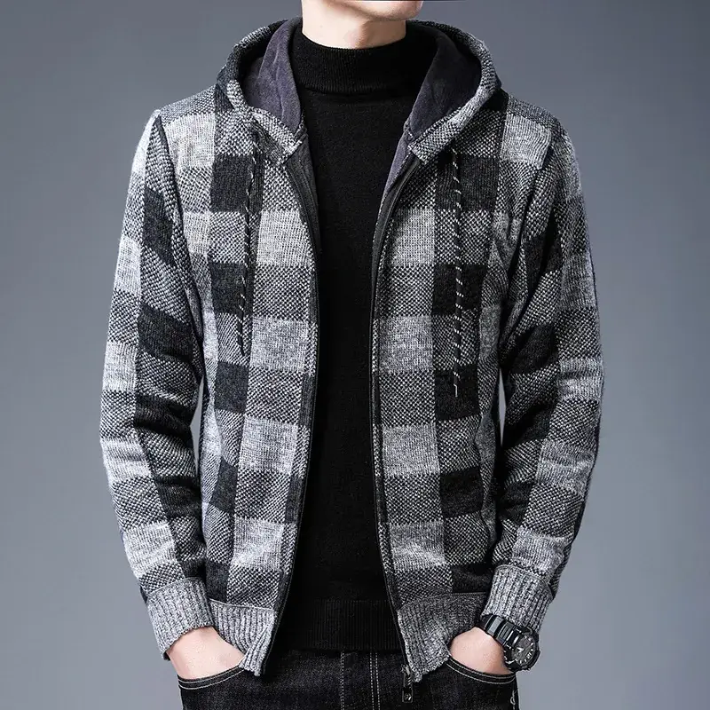 Men's Plaid Stuffed Hooded Winter Jacket Gray Black - Image 2
