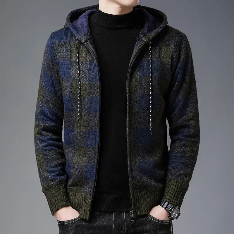 Men's Plaid Stuffed Hooded Winter Jacket Gray Black - Image 3