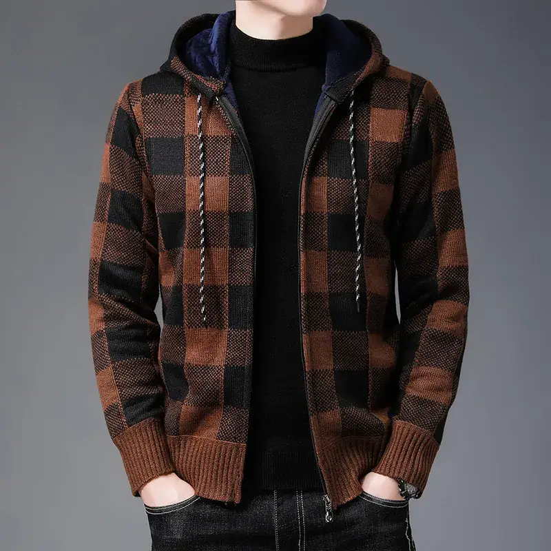 Men's Plaid Stuffed Hooded Winter Jacket Gray Black - Image 4