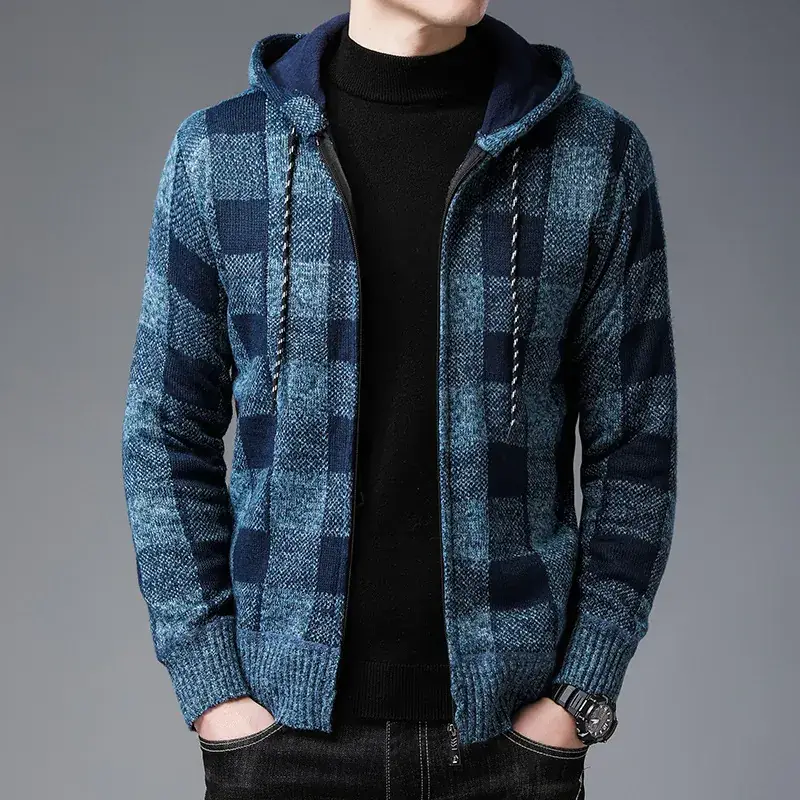 Men's Plaid Stuffed Hooded Winter Jacket Gray Black - Image 5