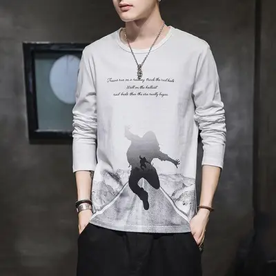 Men Grey Printed Long Sleeve T-Shirt Large - Image 10