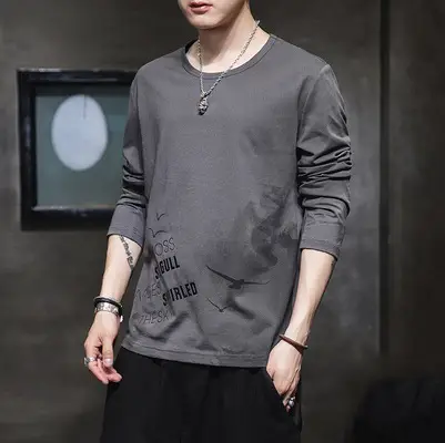 Men Grey Printed Long Sleeve T-Shirt Large - Image 9