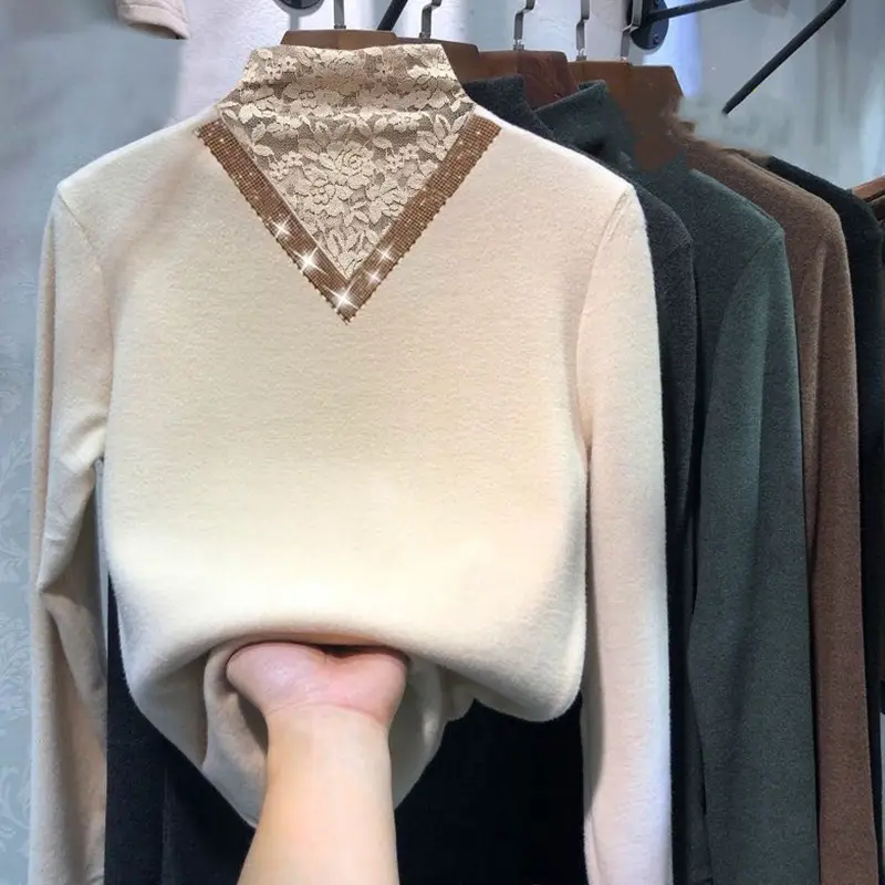 Women's Fleece Lined V-Neck Shirt Brown - Image 3