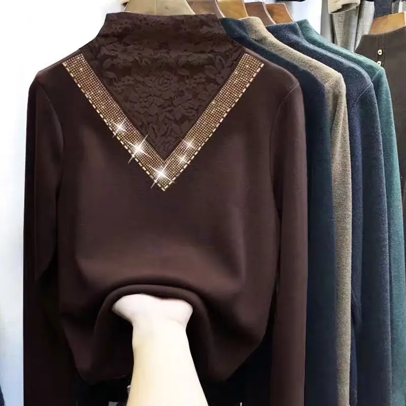 Women's Fleece Lined V-Neck Shirt Brown - Image 6