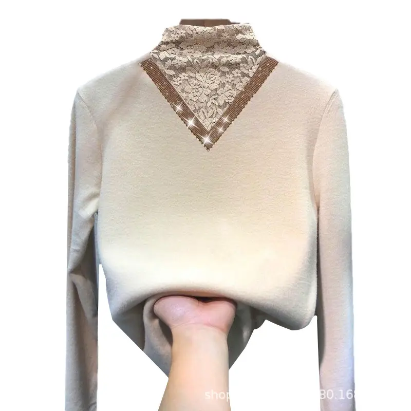 Women's Fleece Lined V-Neck Shirt Brown - Image 7
