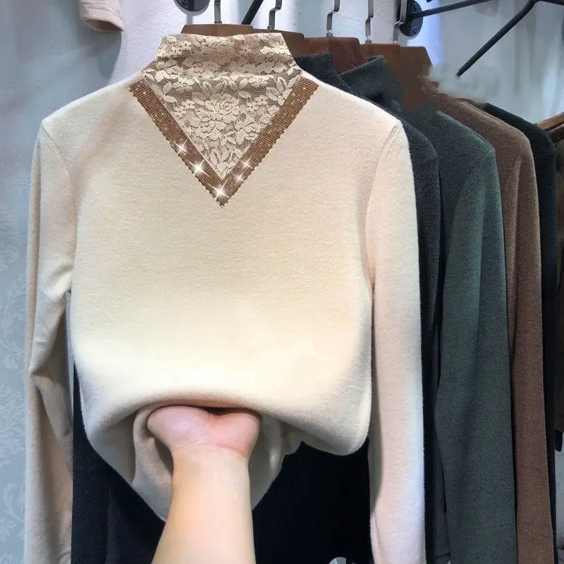 Women's Fleece Lined V-Neck Shirt Brown — feature 10