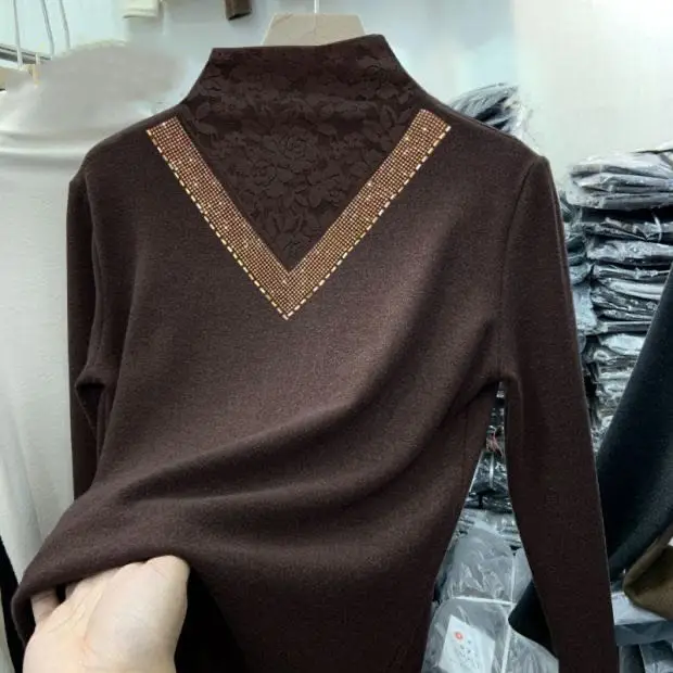 Women's Fleece Lined V-Neck Shirt Brown — feature 8