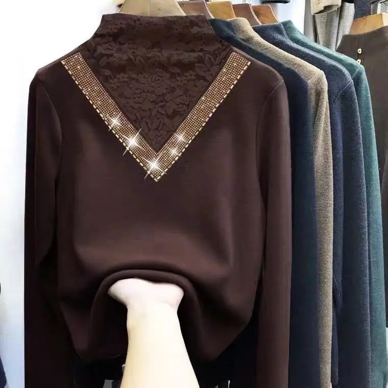 Women's Fleece Lined V-Neck Shirt Brown - Image 4