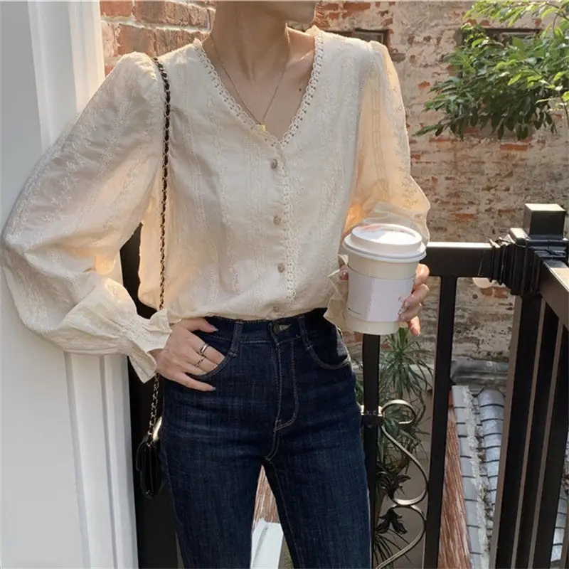 Women's Cream Long Sleeve V-Neck Shirt Spring Autumn 2023 - Image 3