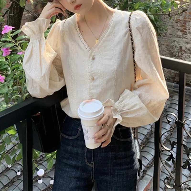 Women's Cream Long Sleeve V-Neck Shirt Spring Autumn 2023 - Image 5
