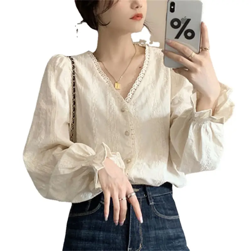 Women's Cream Long Sleeve V-Neck Shirt Spring Autumn 2023 - Image 6
