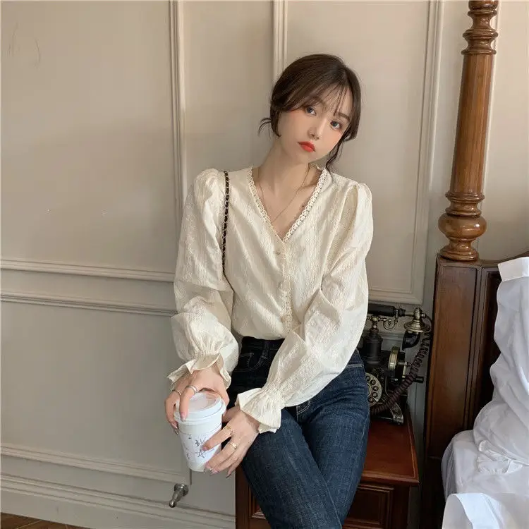 Women's Cream Long Sleeve V-Neck Shirt Spring Autumn 2023 — feature 13