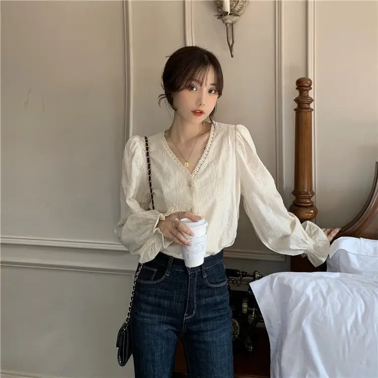 Women's Cream Long Sleeve V-Neck Shirt Spring Autumn 2023 — feature 15