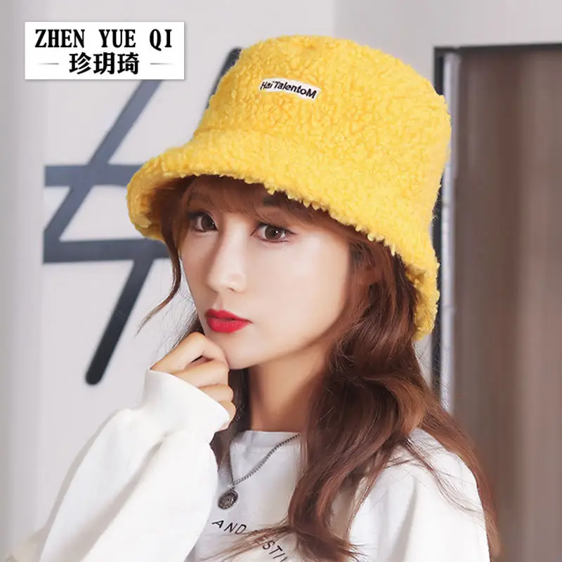 Women Wool Letter Embroidered Fisherman Hat Yellow Small Brim - Image 8