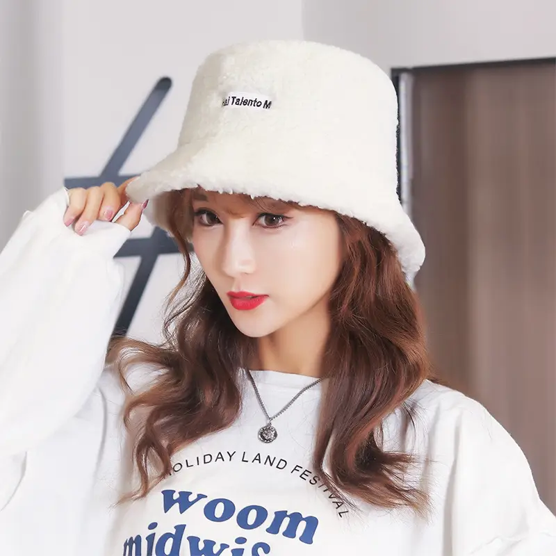 Women Wool Letter Embroidered Fisherman Hat Yellow Small Brim - Image 2