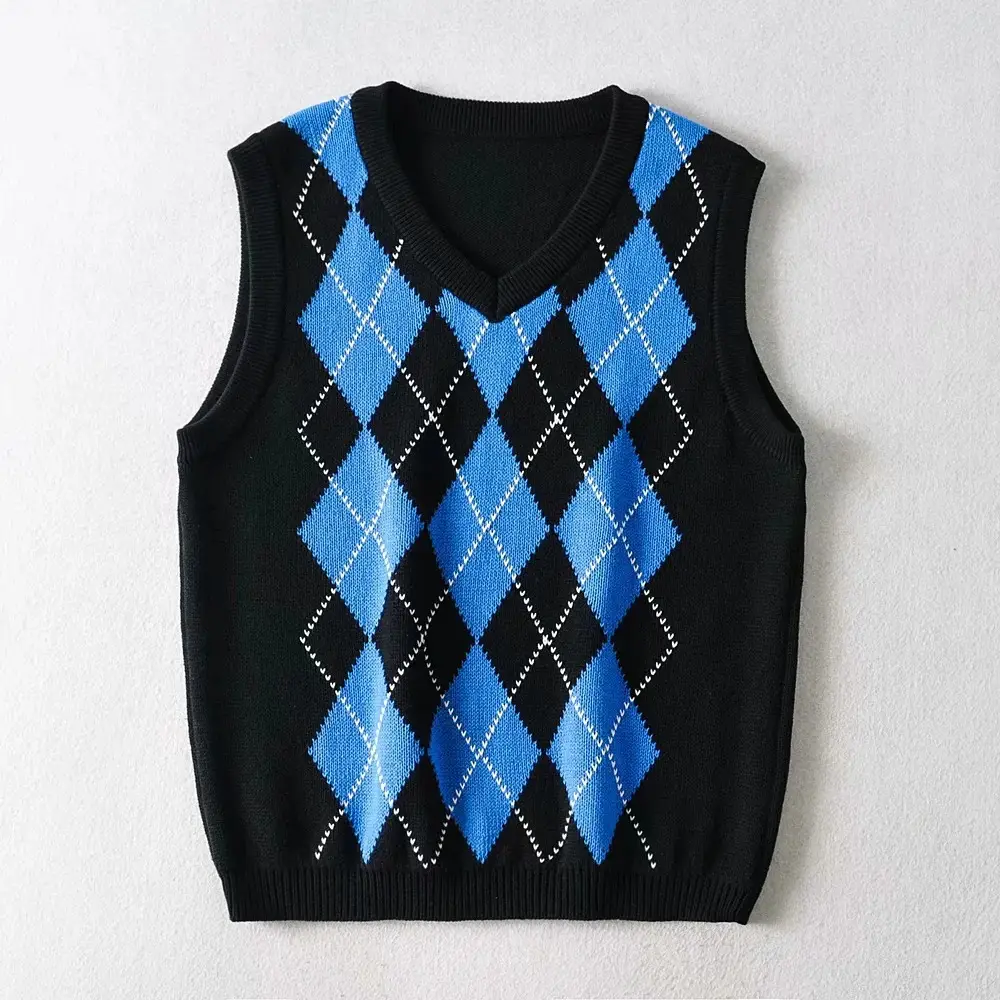 Knitted Sleeveless Vest Brown Diamond Pattern