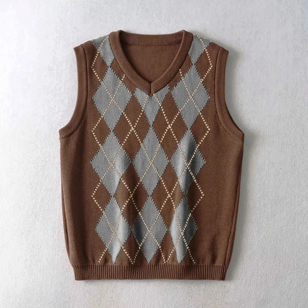 Knitted Sleeveless Vest Brown Diamond Pattern