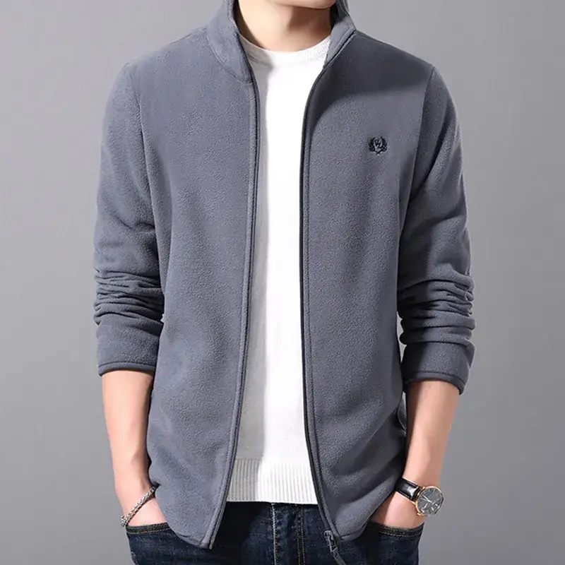 Men's Black Fleece Zipper Jacket with White Trim - Image 6