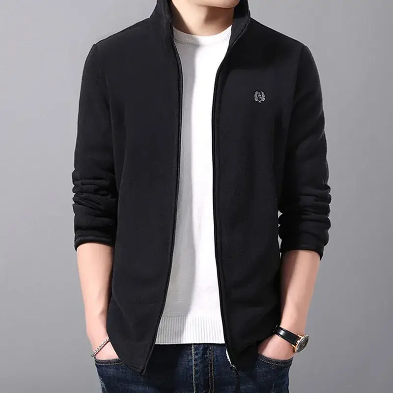 Men's Black Fleece Zipper Jacket with White Trim - Image 7